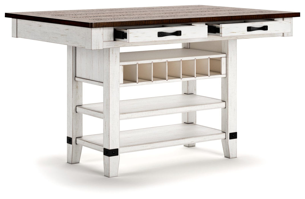 Valebeck - 5 Pc. - Counter Table With Wine Rack, 4 Swivel Stools - White / Brown
