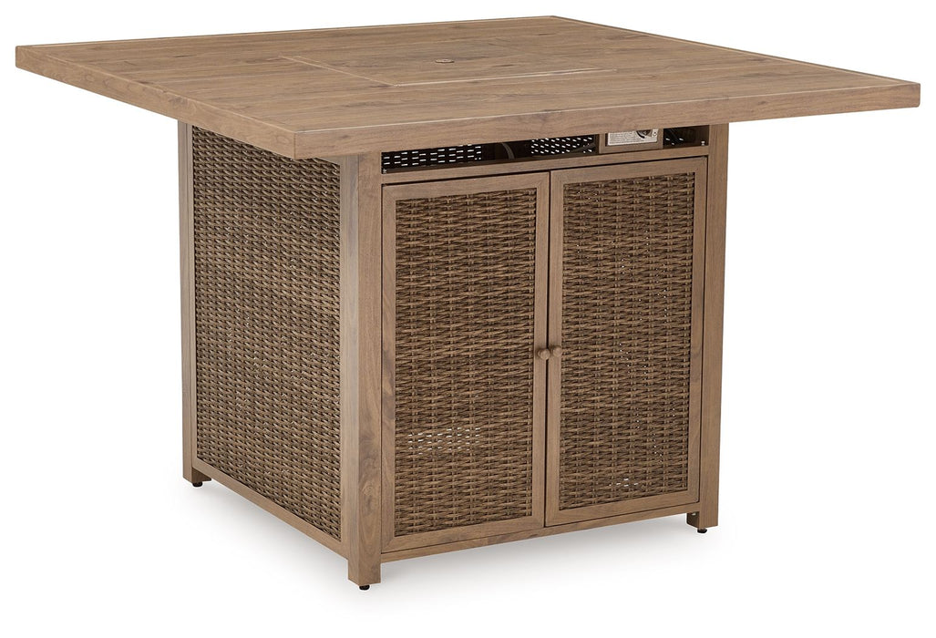 Walton Bridge - 5 Pc. - Square Bar Table W/Fire Pit, 4 Barstools - Driftwood